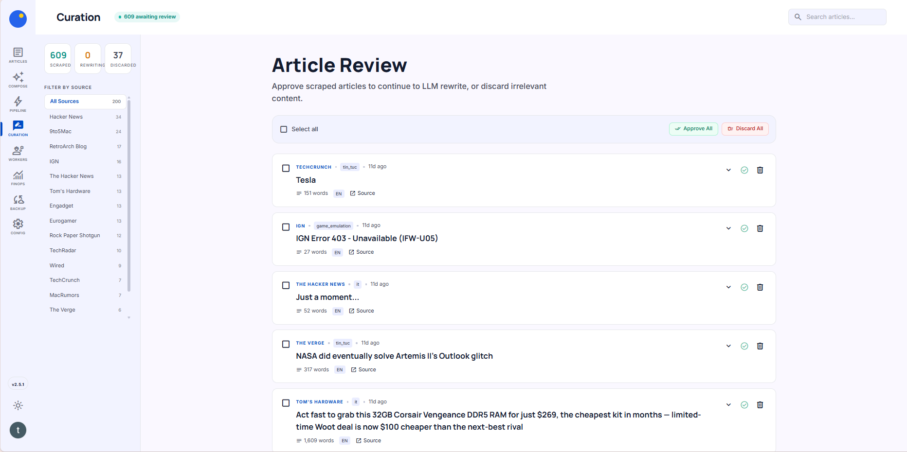 RetroLab Curation Queue — Article review from 15+ sources with approve/discard workflow